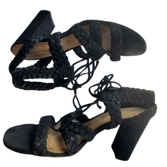 ANTONIO MELANI Block Heel Sandals SZ 8 Leather Round Open Toe‎ Strapy Braided 4" - Picture 1 of 12